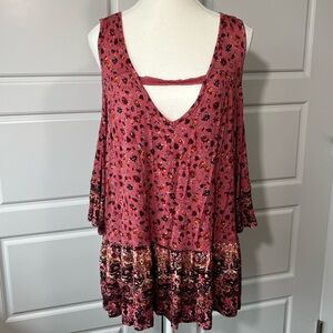 Eyeshadow Floral Soft Cold Shoulder Tunic Top Bohemian Bell Sleeve Dusty Pink XL